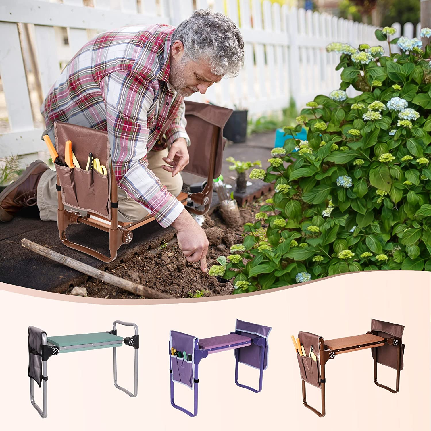 Garden Kneeler Seat Stool Garden Folding Bench with 2 Tool Pouches & EVA Foam Kneeling Pad, Brown