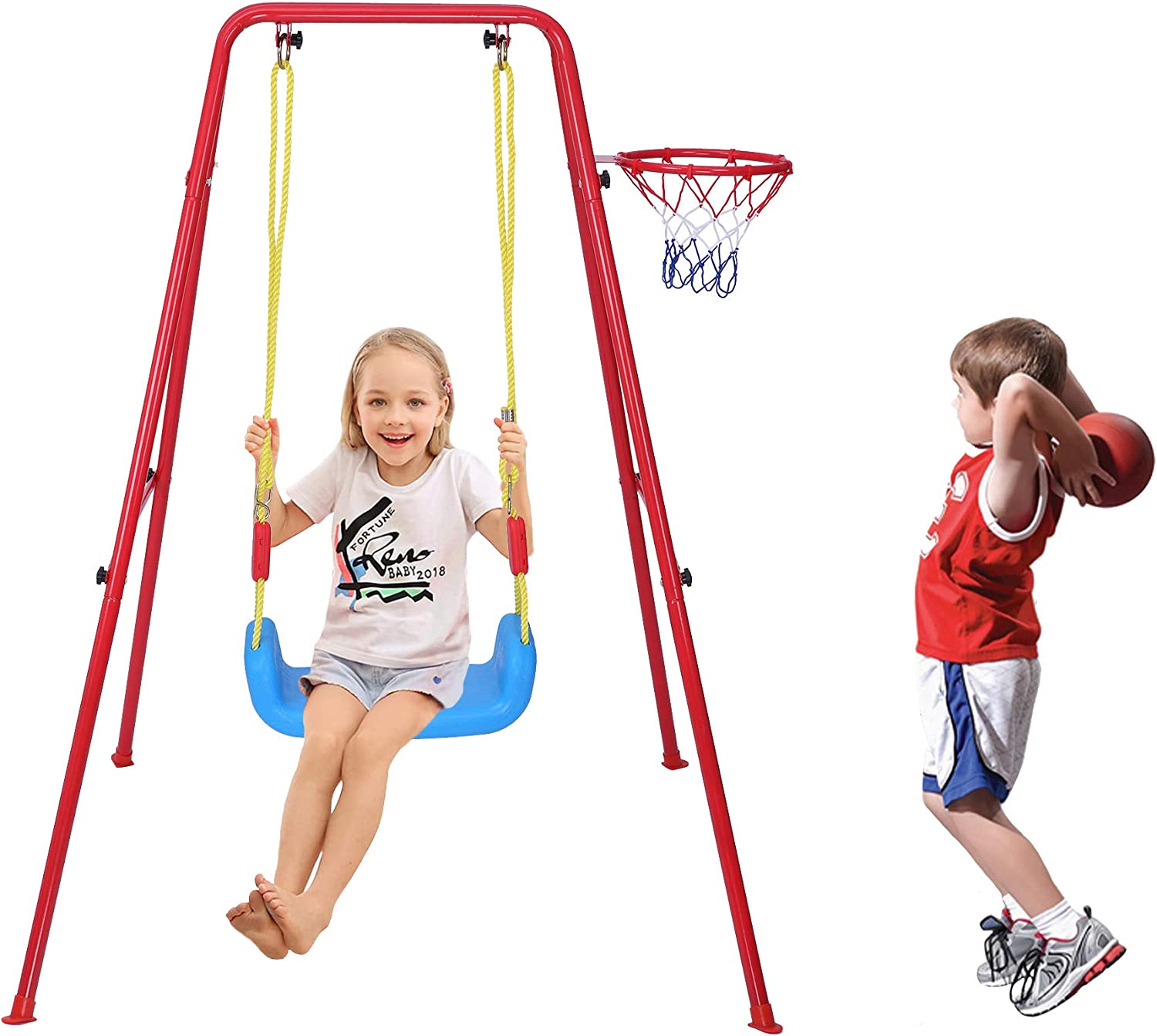 2 in 1 Metal Swing & Basketball Toddler Swing Set Kids Outdoor/Indoor Swing Seat Playset