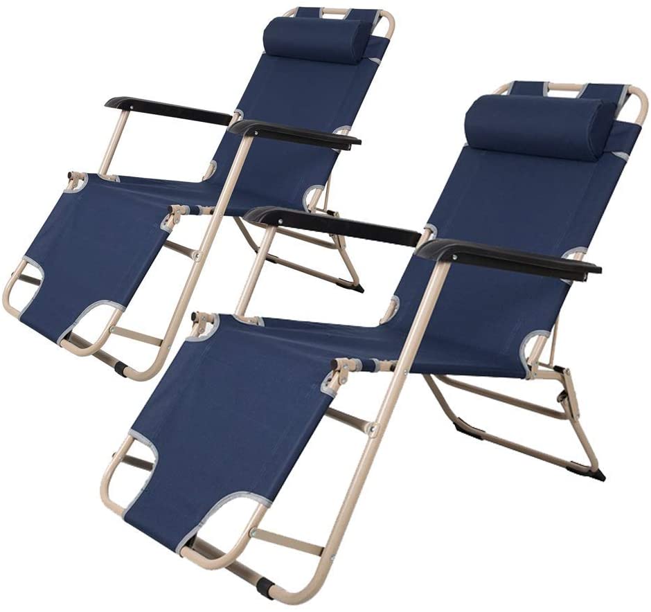 Set of 2 Outdoor Reclining Lounge Chairs Adjustable Folding Patio Recliners with Pillow, Dark Blue