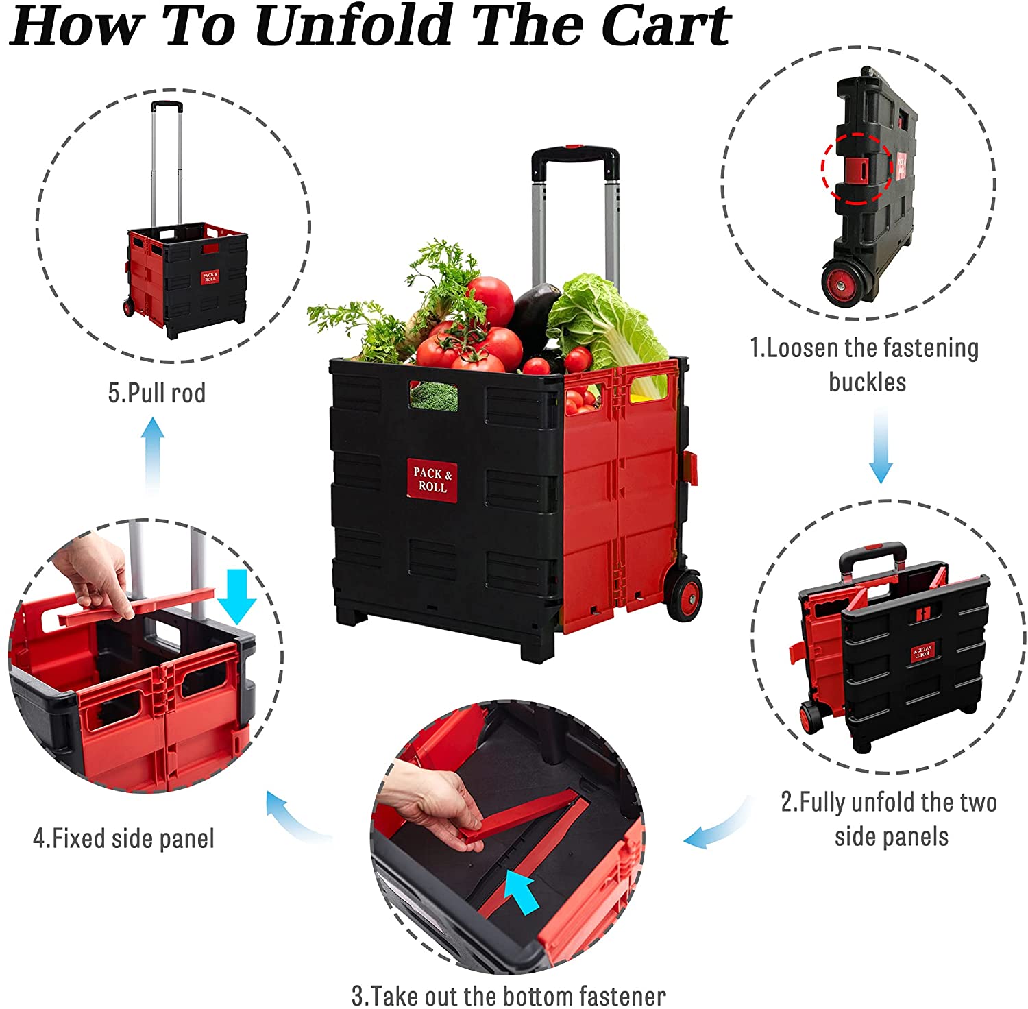 44L Medium Folding Rolling Utility Shopping Cart, Black & Red - Bosonshop