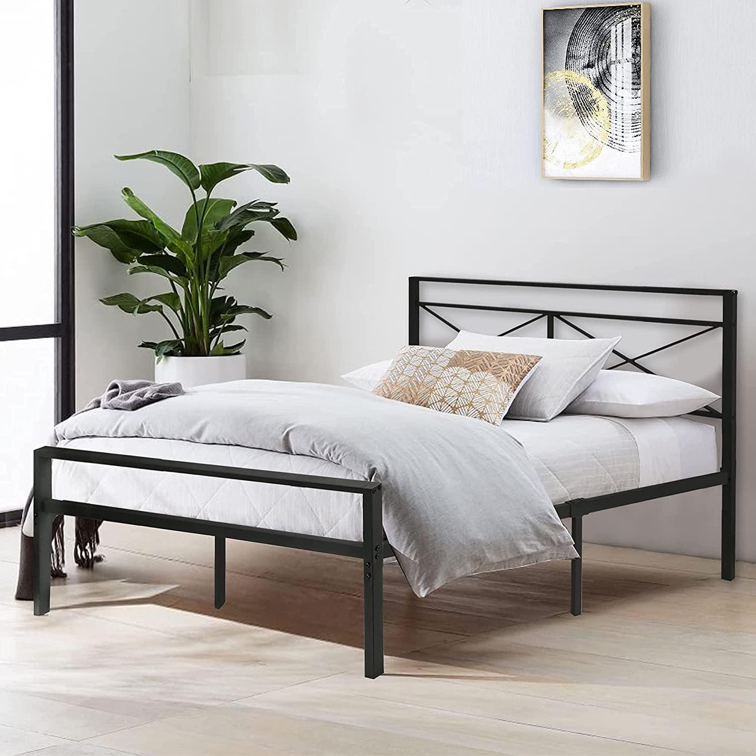 Full Size Platform Bed w/ Headboard, Heavy Duty Metal Slat & Anti-Slip Support, Easy Quick Assembly