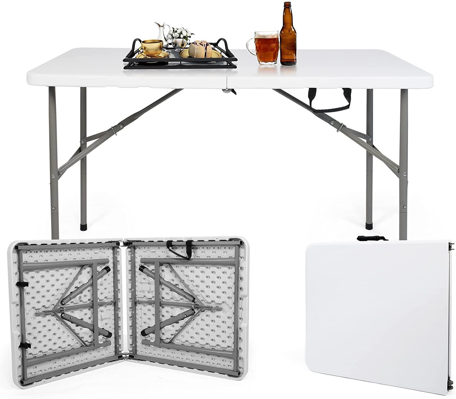 4FT Fold-in-Half Camping Table 48'' White Portable Folding Table w/Handle for Office, Picnic, Wedding - Bosonshop