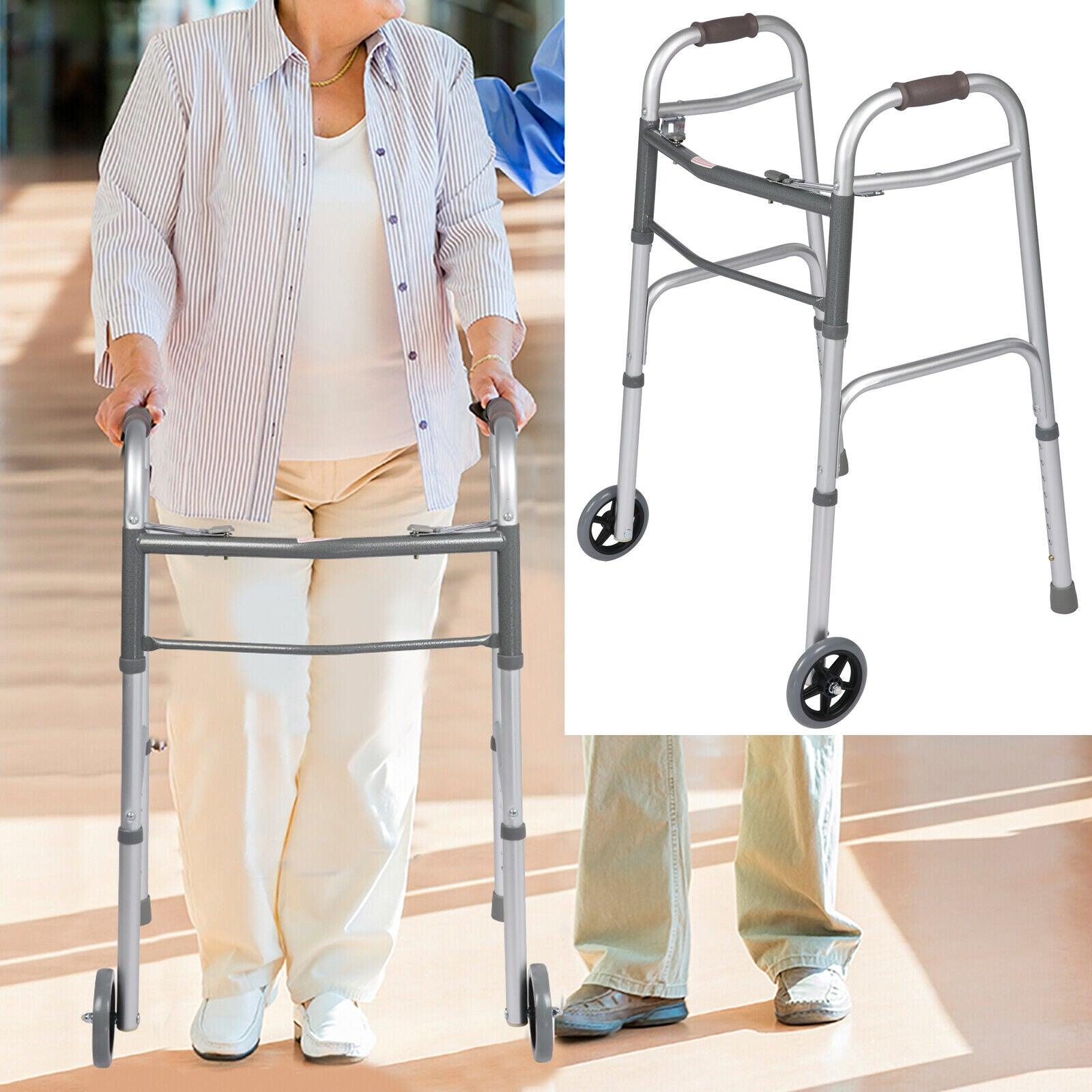 Versatile 32"-39" Adjustable Foldable Walker with 5" Wheels & Folding Button, Supports up to 300 lbs